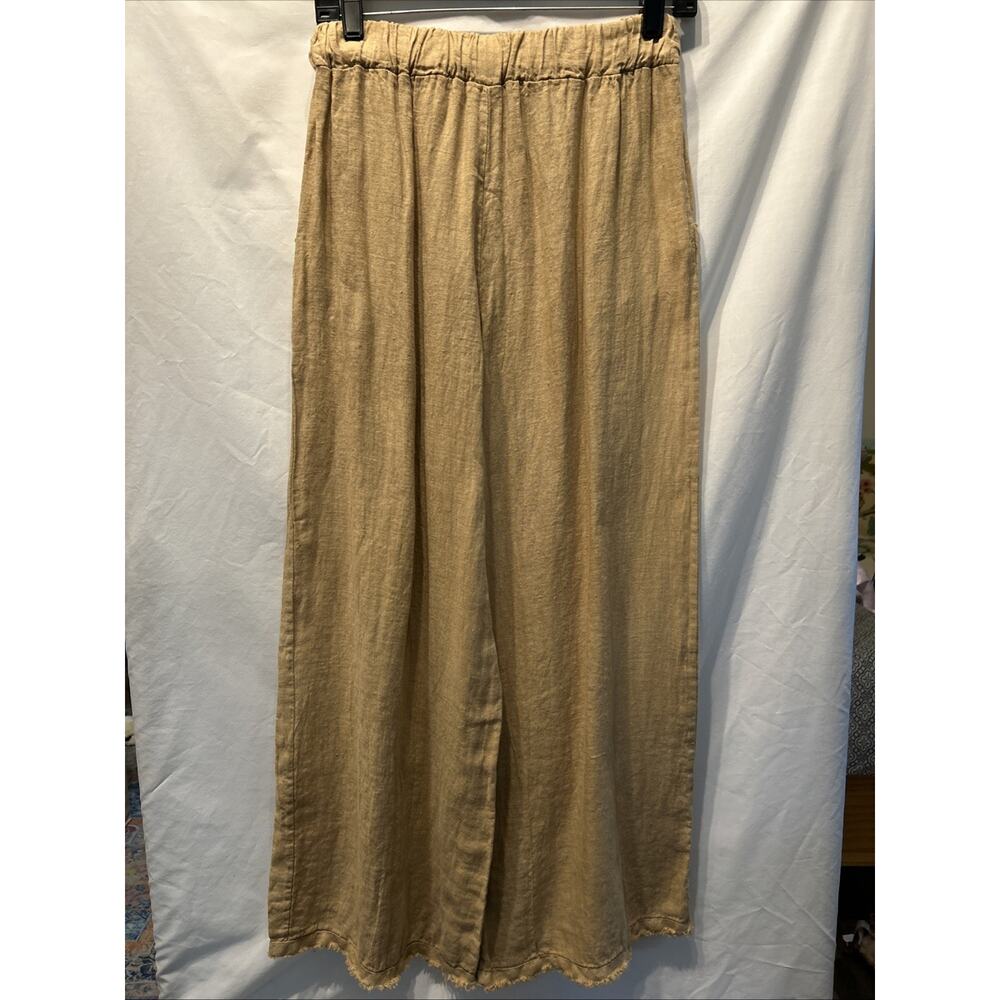 JS Millenium Pants 30” Elastic Waist Beige Wide Leg 100% Linen Italy Raw Hem - Picture 6 of 8